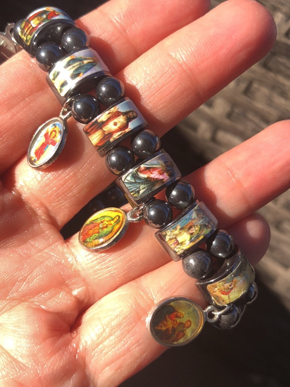 Vintage Religious Hematite Bead Bracelet with Colorful Medal Charms